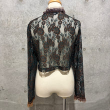 Load image into Gallery viewer, Blue Orange Brown Floral Mesh Ruffles Crop Cardigan Long Sleeve Top
