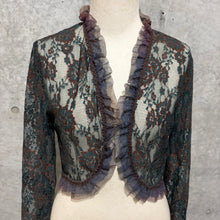 Load image into Gallery viewer, Blue Orange Brown Floral Mesh Ruffles Crop Cardigan Long Sleeve Top
