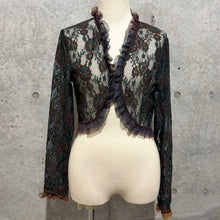 Load image into Gallery viewer, Blue Orange Brown Floral Mesh Ruffles Crop Cardigan Long Sleeve Top
