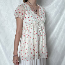 Load image into Gallery viewer, Cherry Polka Dot Mesh Overlay Ruffles Puff Top
