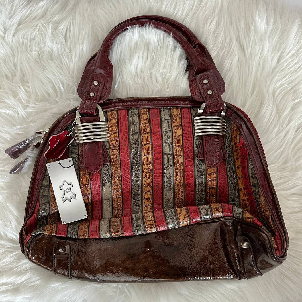 Red Strip Embossment Leather Hand Bag