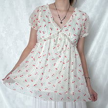 Load image into Gallery viewer, Cherry Polka Dot Mesh Overlay Ruffles Puff Top
