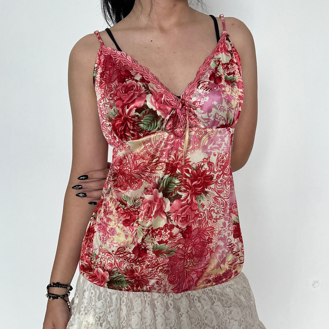 Andre Kim Pink Cream Y2K Graphic Print Lace Trimmed Silky Cami Top