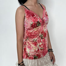 Load image into Gallery viewer, Andre Kim Pink Cream Y2K Graphic Print Lace Trimmed Silky Cami Top
