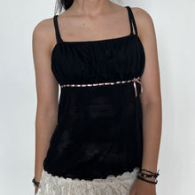 Load image into Gallery viewer, Black Pink Japanese Coquette Style Ruffle Ribbon Ruched Bust Cami Top
