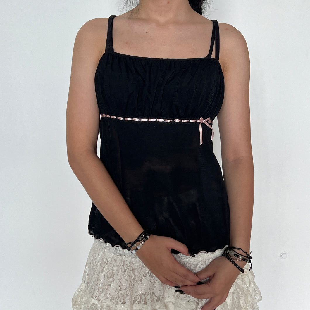 Black Pink Japanese Coquette Style Ruffle Ribbon Ruched Bust Cami Top