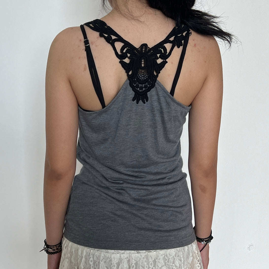 COLZA Y2K Grey Black Lace Strap Tank Top