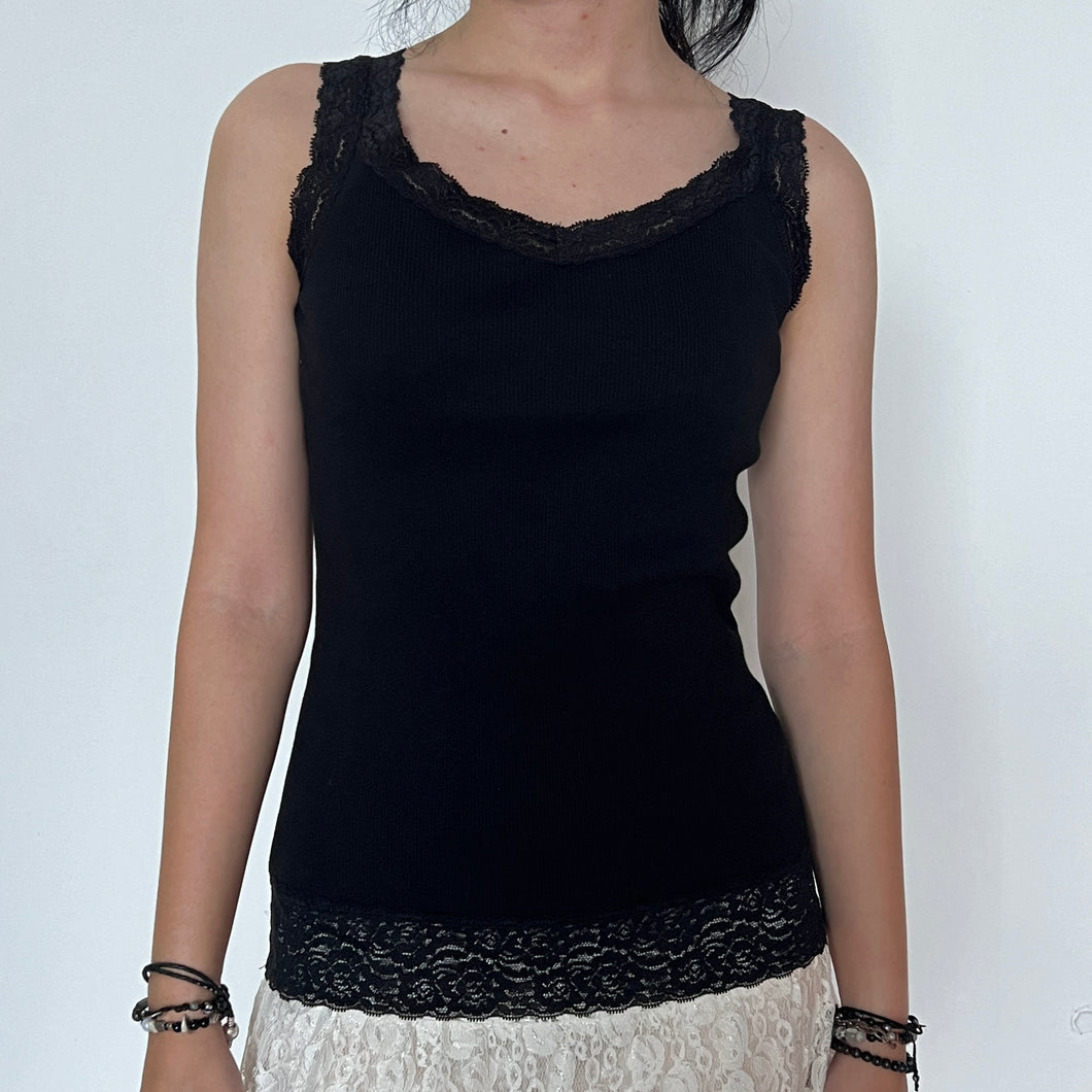 Black Lace Trimmed Ribbed Cami Top