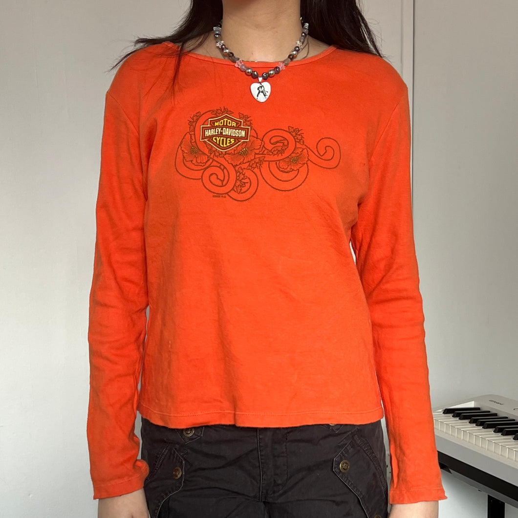 Harley Davidson 2006 Orange Flowers Spiral Long Sleeves Top