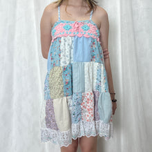 Load image into Gallery viewer, Pastel Candy Pink Blue Flower Crochet Band Patchwork Mini Dress
