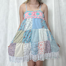 Load image into Gallery viewer, Pastel Candy Pink Blue Flower Crochet Band Patchwork Mini Dress
