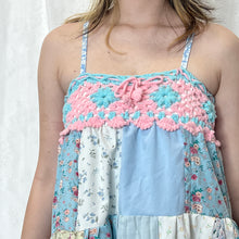 Load image into Gallery viewer, Pastel Candy Pink Blue Flower Crochet Band Patchwork Mini Dress
