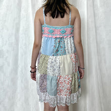 Load image into Gallery viewer, Pastel Candy Pink Blue Flower Crochet Band Patchwork Mini Dress
