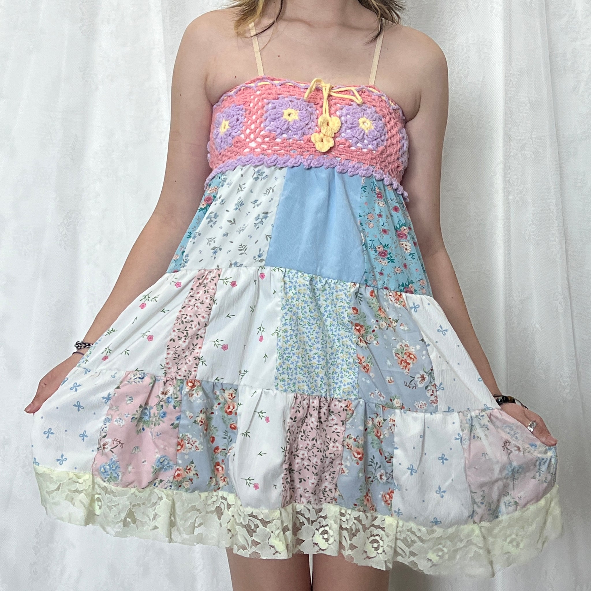 Pink Purple Flower Yellow Crochet Patchwork Mini Dress
