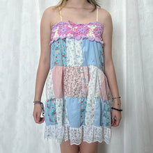 Load image into Gallery viewer, Pastel Candy Purple Magenta White Crochet Band Patchwork Mini Dress
