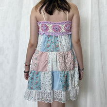 Load image into Gallery viewer, Pastel Candy Purple Magenta White Crochet Band Patchwork Mini Dress
