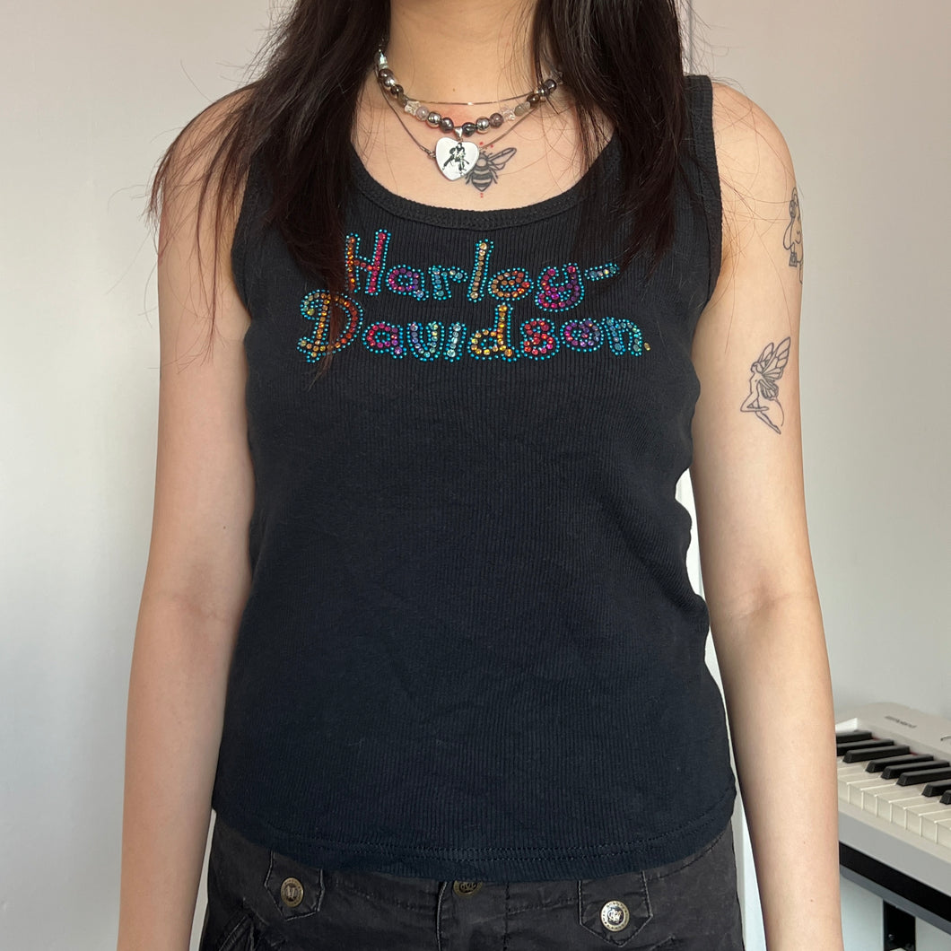 Harley Davidson Rainbow Logo Rhinestone Black Ribbed Tankn Top