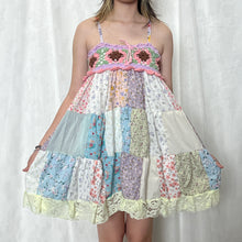 Load image into Gallery viewer, Pastel Candy Purple Base Green Garden Brown Flower Crochet Band Patchwork Mini Dress
