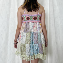 Load image into Gallery viewer, Pastel Candy Purple Base Green Garden Brown Flower Crochet Band Patchwork Mini Dress
