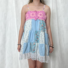 Load image into Gallery viewer, Pastel Candy Ombre Pink Fuschia Crochet Band Patchwork Mini Dress
