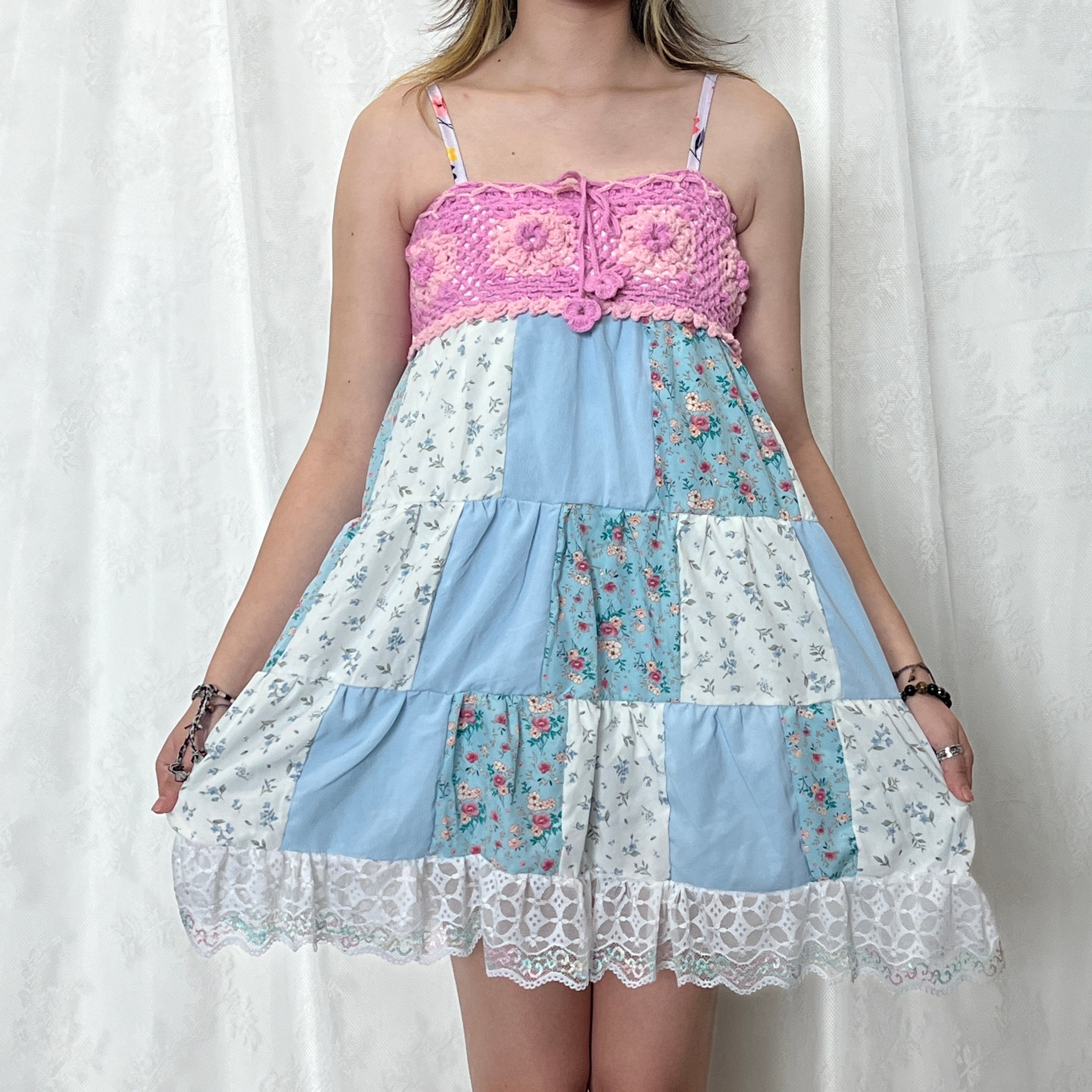 crochet patchwork mini dress Pink Fuschia Crochet Patchwork Mini Dress