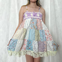 Load image into Gallery viewer, Pastel Candy Purple White Crochet Band Patchwork Mini Dress
