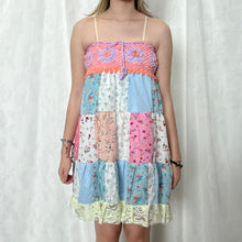 Load image into Gallery viewer, Pastel Candy Coral Pink Purple Crochet Band Patchwork Mini Dress
