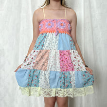 Load image into Gallery viewer, Pastel Candy Coral Pink Purple Crochet Band Patchwork Mini Dress
