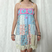 Load image into Gallery viewer, Pastel Candy Magenta Blue Crochet Band Patchwork Mini Dress
