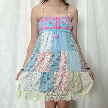 Load image into Gallery viewer, Pastel Candy Magenta Blue Crochet Band Patchwork Mini Dress
