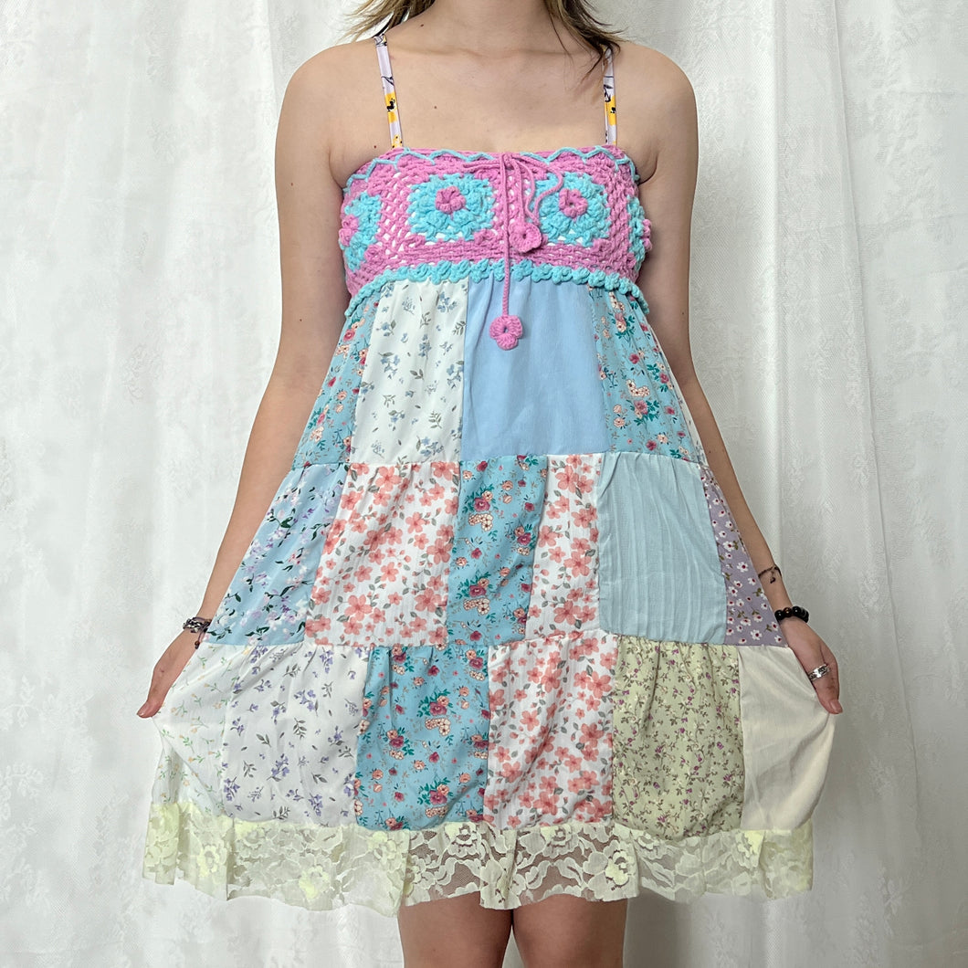 Pastel Candy Magenta Blue Crochet Band Patchwork Mini Dress