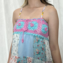 Load image into Gallery viewer, Pastel Candy Magenta Blue Crochet Band Patchwork Mini Dress
