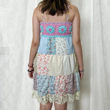 Load image into Gallery viewer, Pastel Candy Magenta Blue Crochet Band Patchwork Mini Dress
