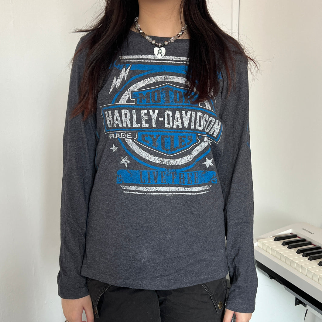 Harley Davidson Grey Long Sleeves Blue White Logo Top