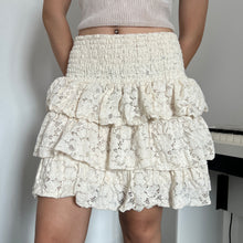 Load image into Gallery viewer, Off White Shirred Waist Lace Tiered Mini Skirt
