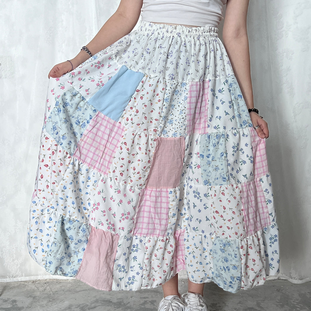 Pastel White Top Blue Pink Plaid Patchwork Skirt