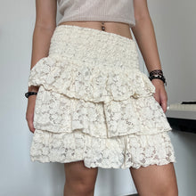 Load image into Gallery viewer, Off White Shirred Waist Lace Tiered Mini Skirt
