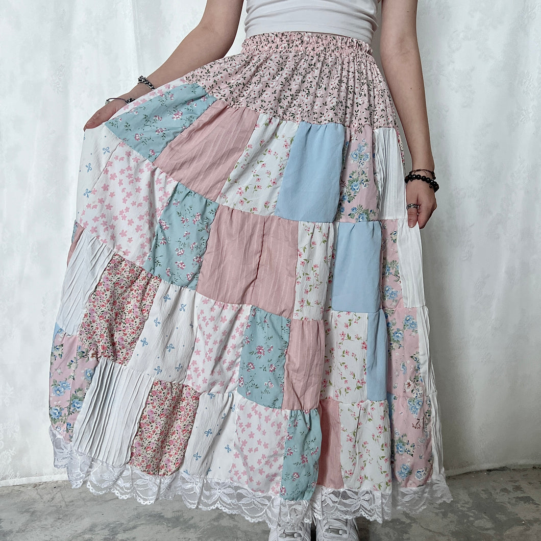 Pastel Pink Top Blue Colour Block Patchwork Skirt