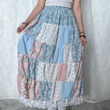 Load image into Gallery viewer, Pastel Dusty Blue Black Spotted Flower Patchwork Skirt
