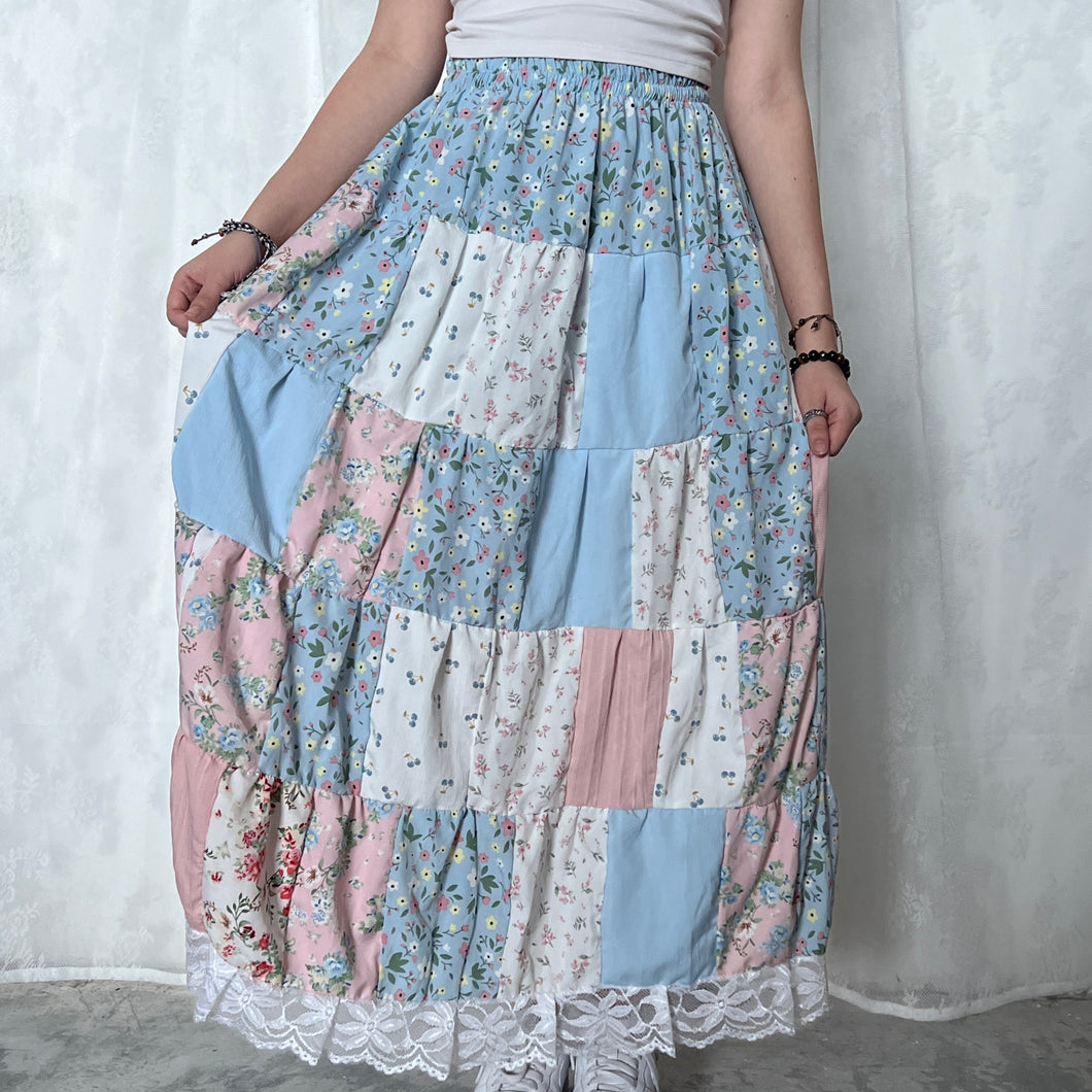 Pastel Dusty Blue Black Spotted Flower Patchwork Skirt