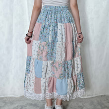 Load image into Gallery viewer, Pastel Dusty Blue Black Spotted Flower Patchwork Skirt
