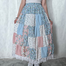 Load image into Gallery viewer, Pastel Dusty Blue Black Spotted Flower Patchwork Skirt
