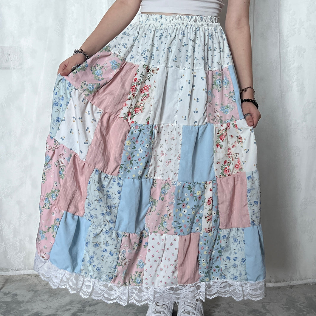 Pastel White Top Pink Baby Blue Patchwork Skirt