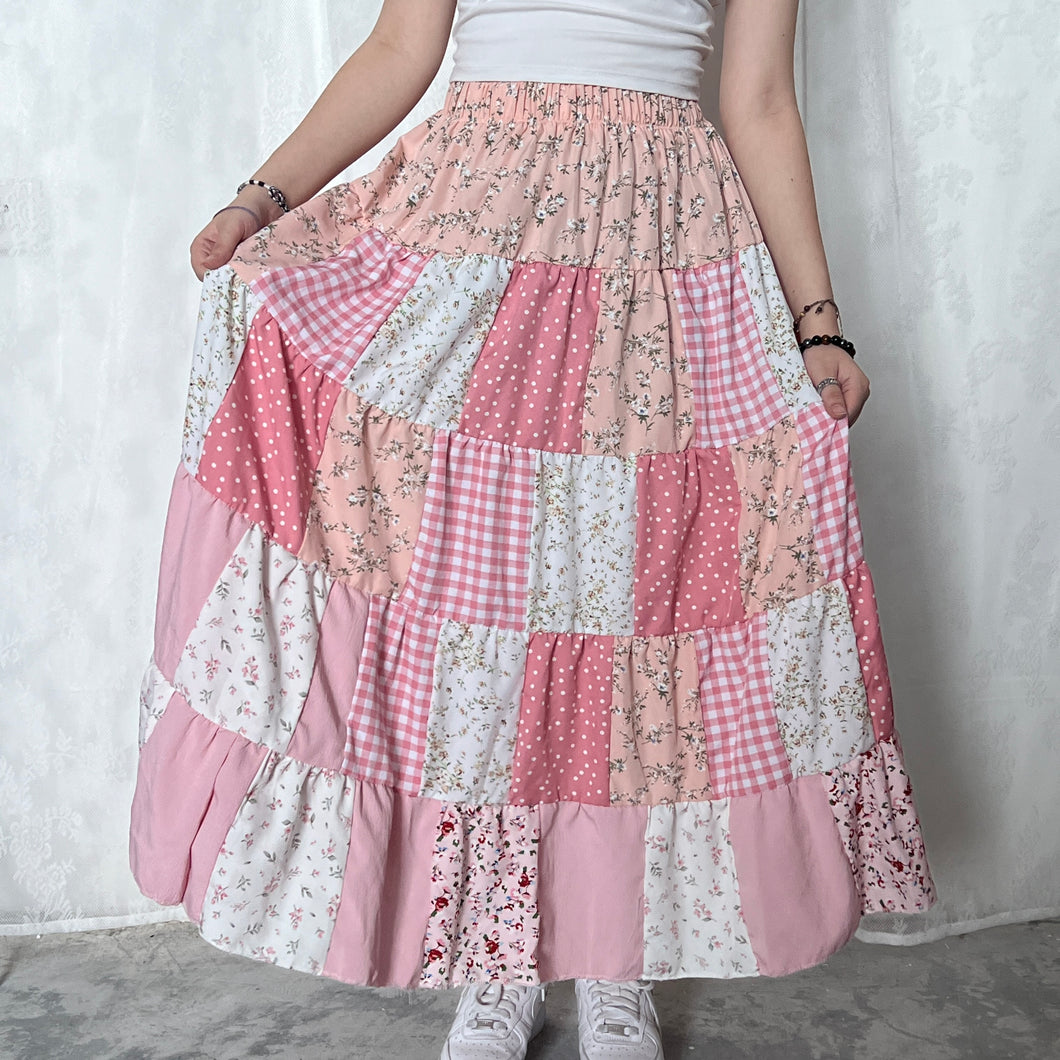 Pastel Pink Polka Dot Gingham Patchwork Skirt