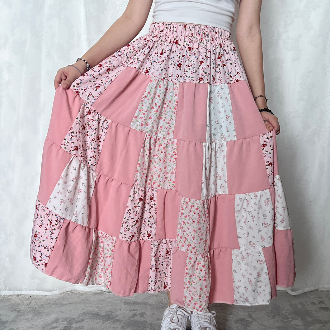 Pastel Pink Colour Block Patchwork Skirt