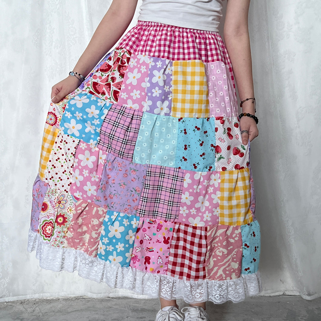 Pastel Funky Fuschia Rabbit Yellow Gingham Patchwork Skirt