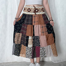 Load image into Gallery viewer, Grunge Beige Brown Flower White Core Flower Crochet Band Patchwork Maxi Skirt
