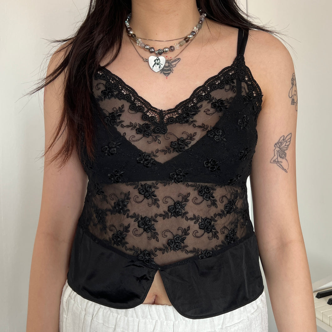 Black Floral Mesh Camisole Top