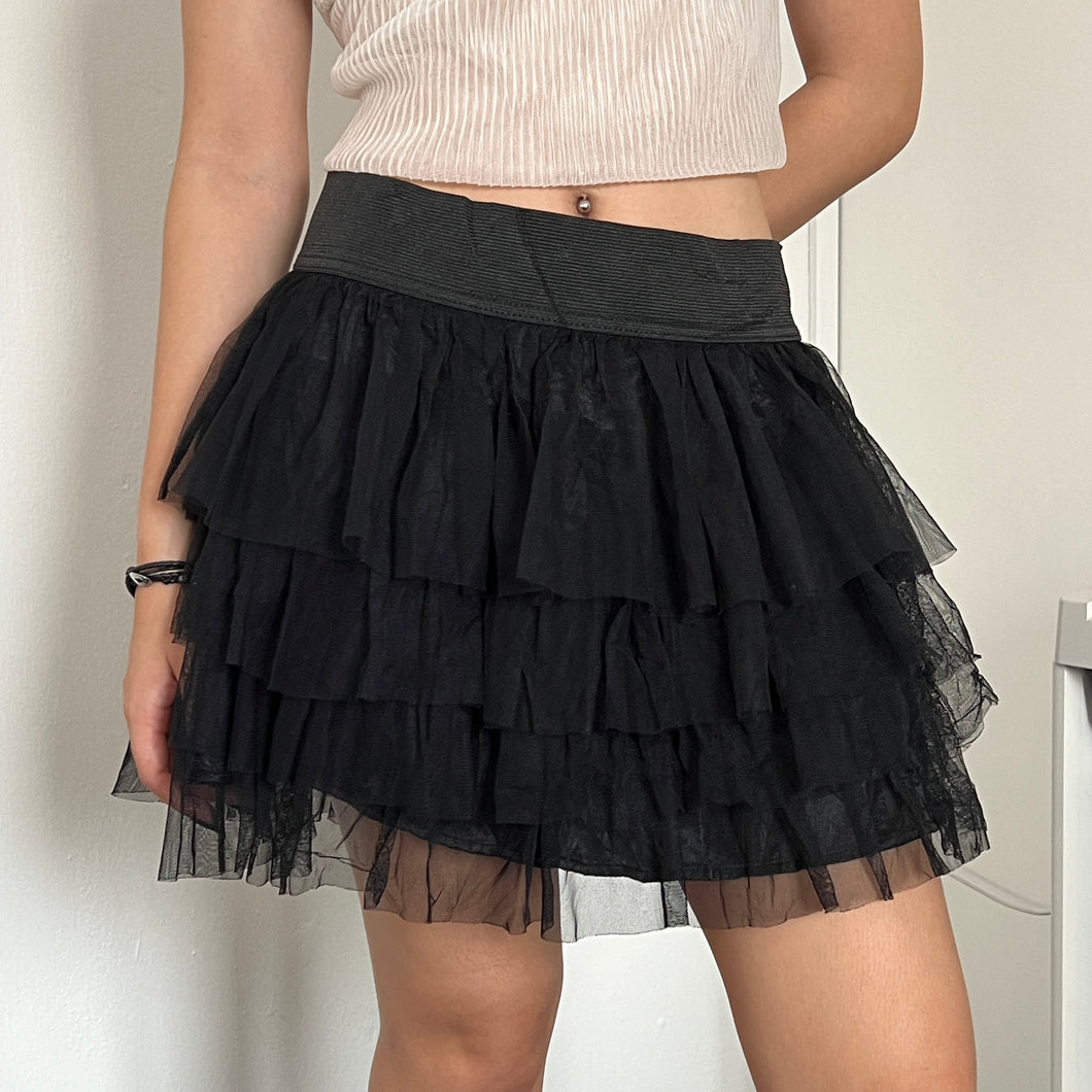 Black Mesh Ribbon Tiered Mini Skirt