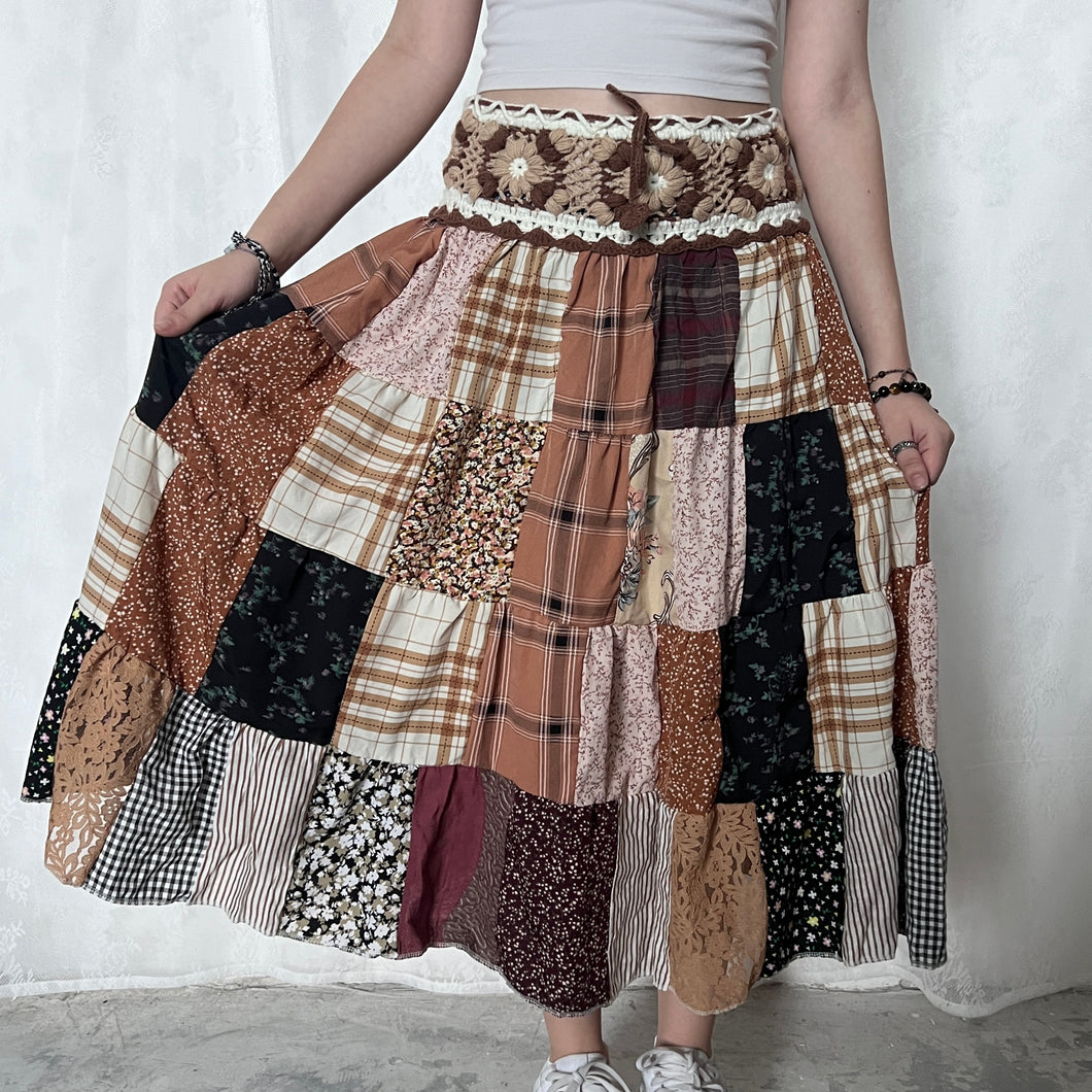 Grunge Beige Mixed Brown Flower White Core Crochet Band Patchwork Maxi Skirt